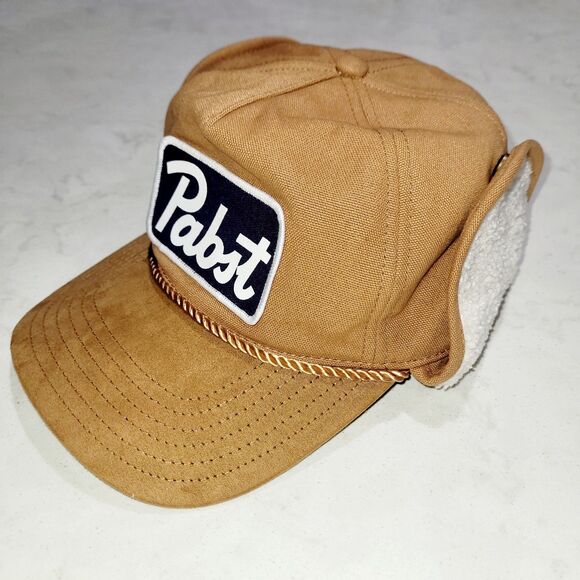 Pabst Blue Ribbon Shearling Hat With Ear Flaps Tan Adjustable Snap Beer OSFM EUC - Picture 1 of 8